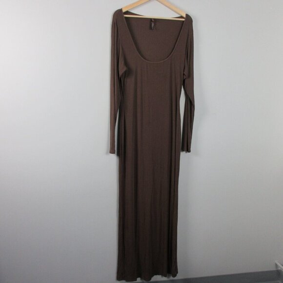 Skims Long Sleeve Maxi Dress 2X Brown Ribbed Modal Scoop Neck Soft Lounge 492 - Picture 1 of 14